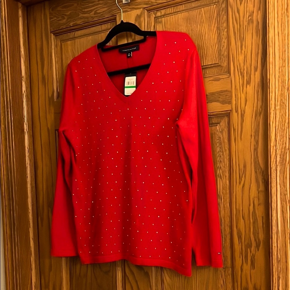Tommy Hilfiger 🌟HP🌟Red V-Neck Women's Large Sweater NWT